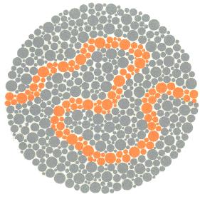 Eksempler på fargeutfordringer for farge svake personer. De vil blant annet ikke kunne se tallet 6 eller den oransje linjen i bildet under.