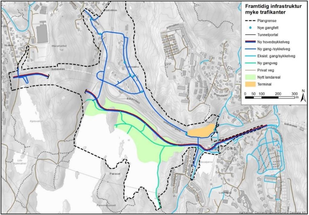 Figur 4: Kart som viser infrastruktur for myke trafikanter Innfartsparkering: Det er ikke plass til å etablere innfartsparkeringsplasser ved den nye terminalen.