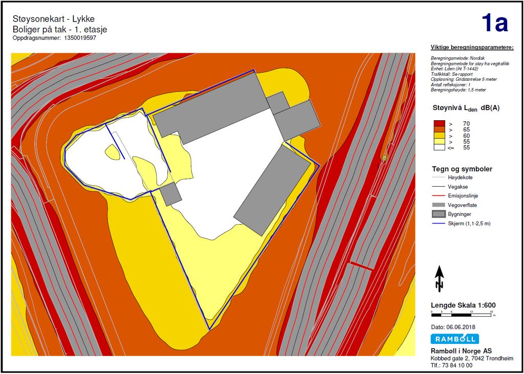 STØYUTREDNING 13 Figur 6 Støysonekart iht. T-1442 for utbyggingsalternativ. Beregningshøyde 1,5 meter.