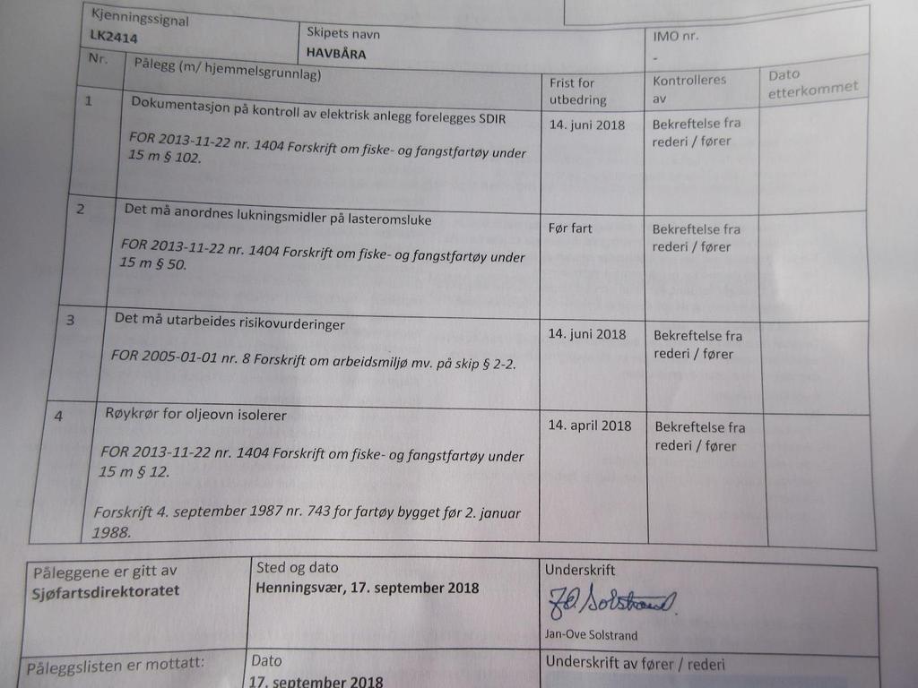 Påleggsliste fra Sjøfartsdirektoratet, etter tilfeldig kontroll i Henningsvær 17.09.2018.
