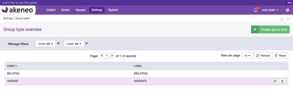 MANAGE THE GROUP TYPES To help you to configure Akeneo PIM to your needs, Akeneo PIM enables to define product group types. These groups are used to bring products together.