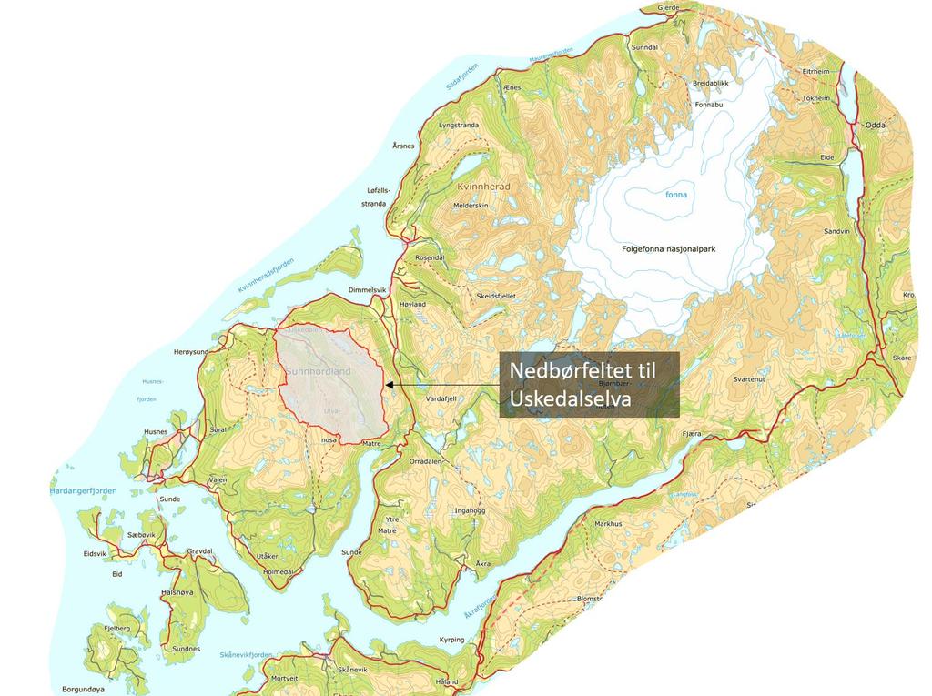 Beskrivelse av nedbørfelt Tettstedet Uskedalen ligger ca. 10 km sør-vest for Rosendal i enden av Uskedalen og samme sted som Uskedalselva har sitt utløp.