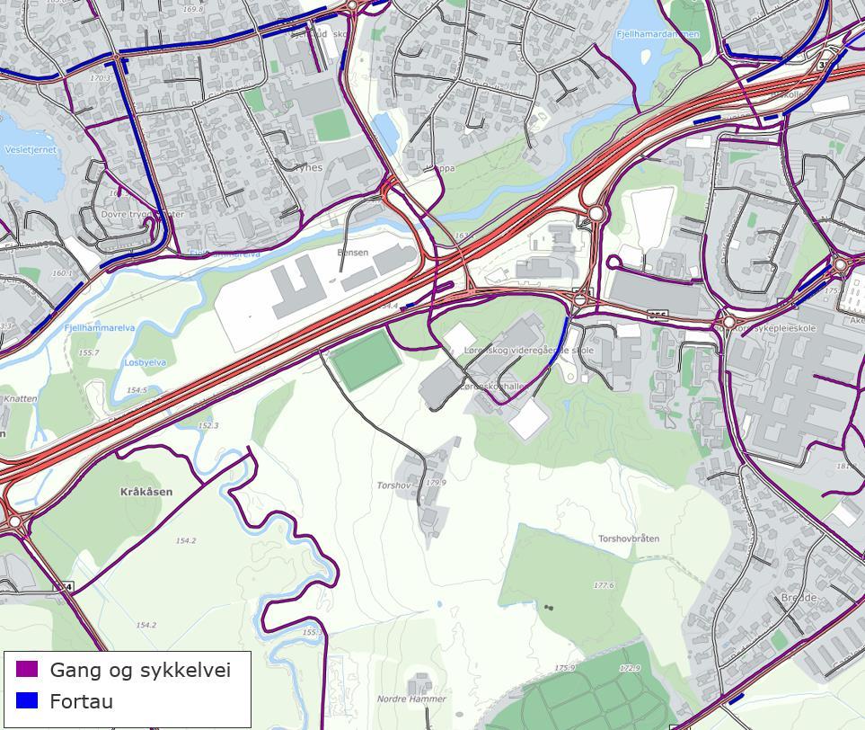 Figur 6 - Illustrasjon av gang og sykkelvei og fortau i området. Planområdet er markert med rød boks.