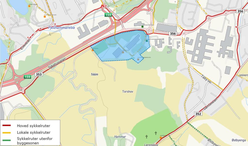 Figur 7 - Sykkelruter i området. Planområdet er markert med blått. (Kilde: lorenskog.kommune.no ) 2.