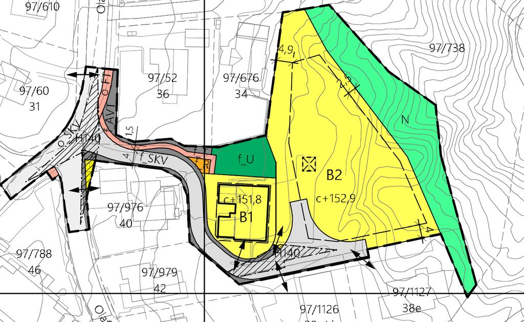 4 Planlagt anlegg Planområdet er delt i to delfelt, B1 og B2. B1 er eksisterende boliger mens i delfelt B2 planlegges to blokker med til sammen 16-18 leiligheter. Leiligheter med 1, 2 og 3 soverom.