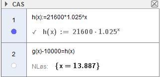 Eg definerer funksjonen h i GeoGebra og løyser likninga På slutten av 011, vil modellen i a) gje 10 000 kroner høgare gjennomsnittsløn enn modellen i c).