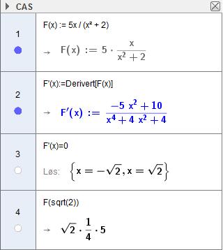 kommandoen «Skjering mellom to objekt» og fann dei to punkta A og B. Arealet er lik 1,0 når x0,44 og x 4,56. c) Bruk CAS til å bestemme eksakt x-verdi når rektangelet har størst mogleg areal.