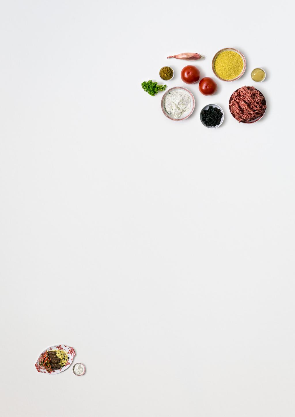 köfte Tomato salad, vinaigrette, couscous and Røros yogurt with mint Tore: Our twist on meatballs from the Turkish kitchen Ingredients - For the big family size; double the quantities Minced meat