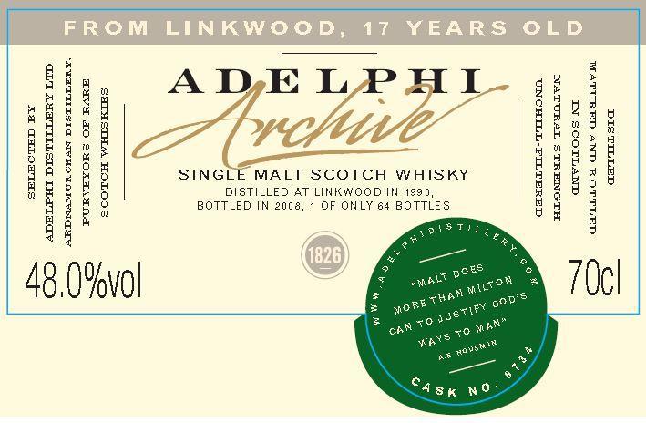 Vi begynner med et par fra Adelphi Adelphi Archive Linkwood 1990 17 yo #9734 Destillert i 1990 på Linkwood, lagret på et ex-bourbon fat, tappet på 75 cl for USA sommeren 2007 av Adelphi.