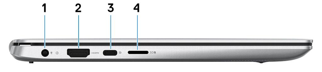 2 Visninger av Inspiron 5390 Venstre 1 Strømadapterport Koble en strømadapter for å gi strøm til din datamaskin. 2 HDMI-port Koble til et TV-apparat eller en annen HDMI-kompatibel enhet.