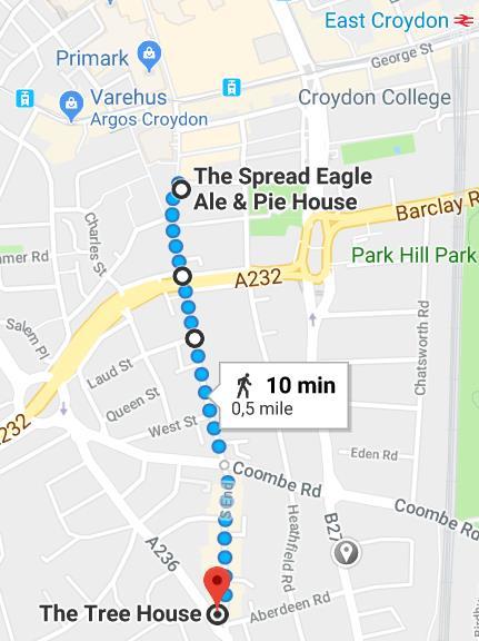 Deretter beveger vi oss i retning Croydon for en felles matbit. Vi har bord på The Tree House kl 1930. Ligger 10 min gange fra Spread Eagle. Jeg håper dere alle blir med dit.