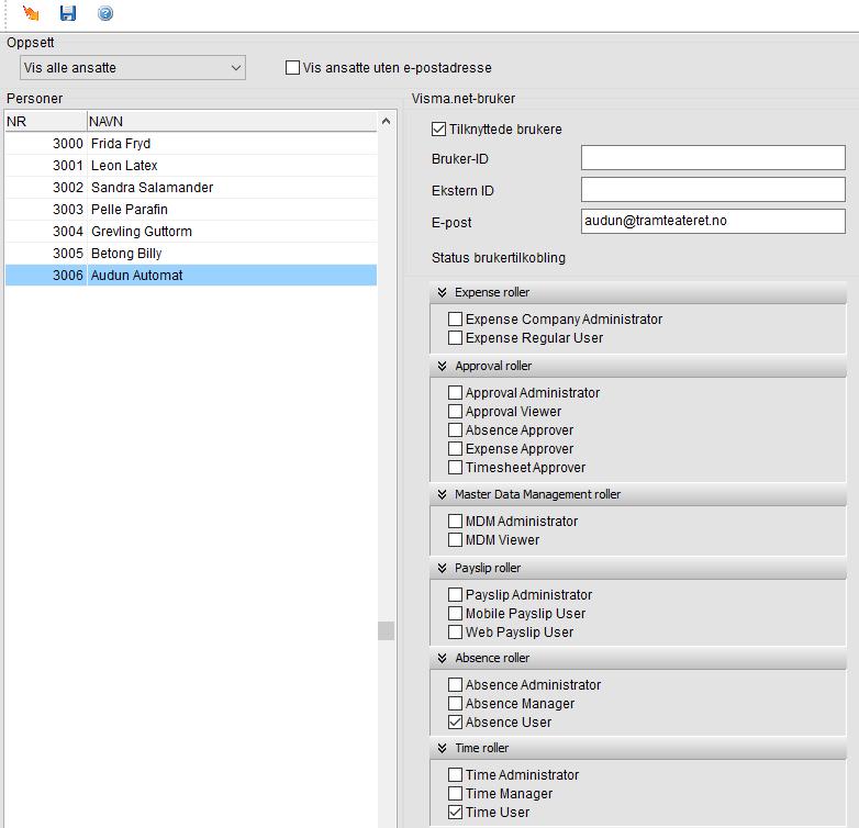 5. Merk feltet Tilknyttede brukere, og merk av hvilke roller personen skal ha i Visma.net, se nedenfor.