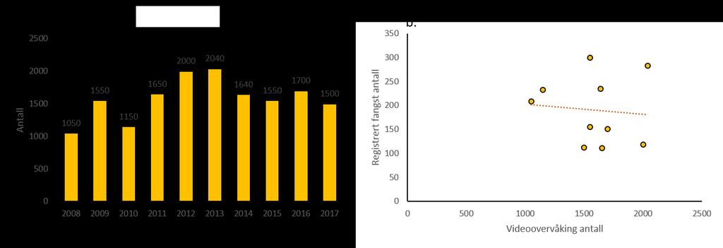 Figur 10. Korrelasjon mellom registrert fangster i Årgårdsvassdraget og antall sjøørreter som passerte Berrefossen fisketrapp i 2005-2015.