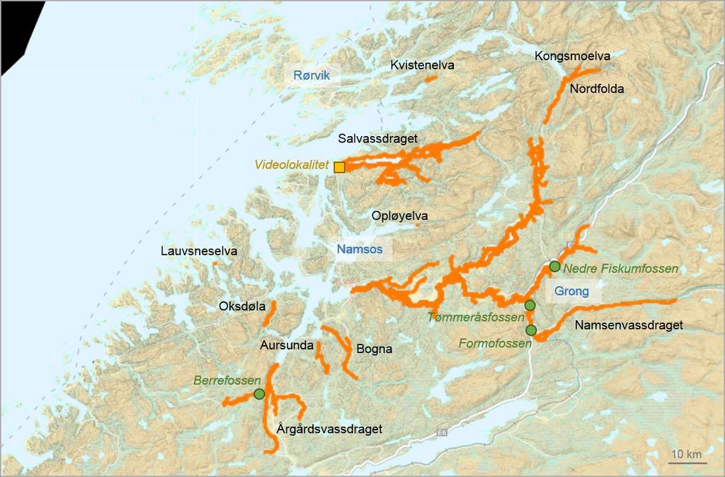 2. MATERIALE OG METODE 2.1. FANGSTATISTIKK 2.1.1. SJØ Statistikker om sjøørret fangster med kilenotfiske fra 1998 til 2017 i sjø i Nord-Trøndelag er hentet fra Statistikk Sentralbyrå (www.ssb.no). 2.1.2. VASSDRAG Aktuelle elver er Oksdøla, Årgårdsvassdraget, Bogna, Aursunda, Namsenvassdraget (inkl.