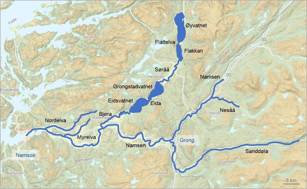 Figur 2. Kart over elver som utgjør den anadrome delen av Namsenvassdraget. 2.2. VIDEOOVERVÅKING I FISKETRAPPER Videoregistrering av sjøørretoppgang i fisketrapper i Berrefossen, Formofossen, Nedre Fiskumfossen og Tømmeråsfossen (Fig.
