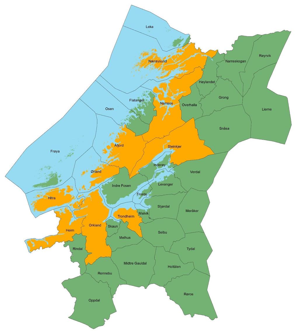 Kartet illustrerer Trøndelag anno 2020, etter kommunesammenslåinger og at Halsa og Rindal