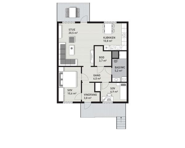 5-roms leilighet Areal: 106-113 m² BRA 2. etasje leveres med samme planløsning og balkonger som på Trysilhus Original. Loft opp til 3. etasje er tilvalg. Fra stuen er det en trapp til loft.