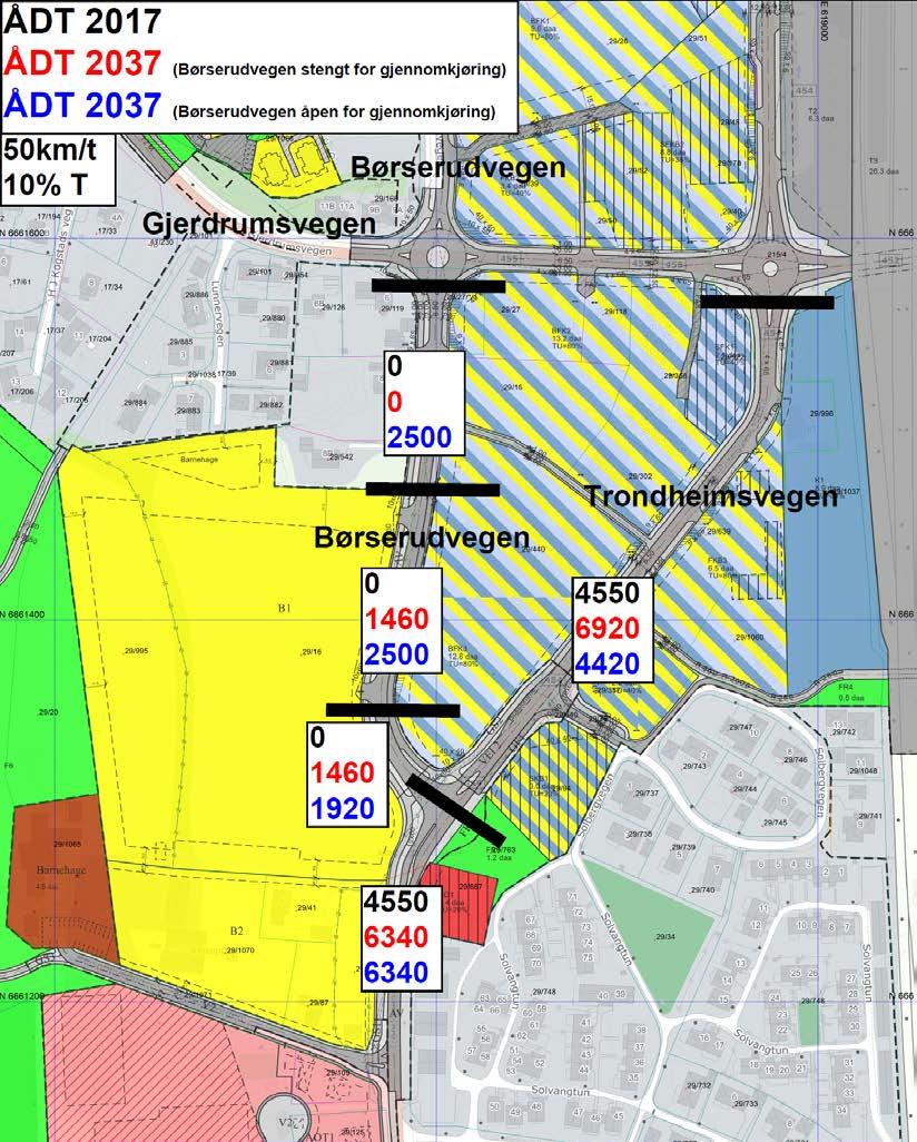 På Trondheimsvegen og den fremtidige Børserudvegen er det regnet fremtidig ÅDT for to situasjoner: 1.