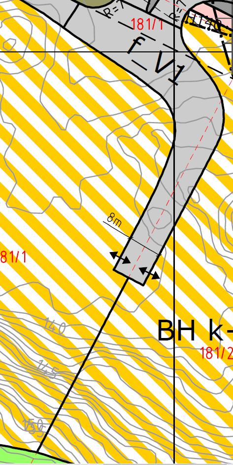 TRAFIKKAREAL V1 Den interne fellesvegen f_v1 er forlenget med 29 m slik at den kan betjene ny planeringshøyde innenfor KBA1, og samtidig betjene KBA2 som har en lavere planeringshøyde.