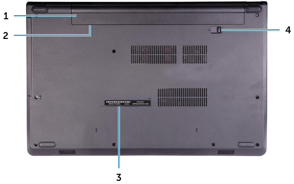 Baksiden 1 Battery Supplies power to the computer. It enables the computer to work without connecting to an electrical outlet for a limited time.