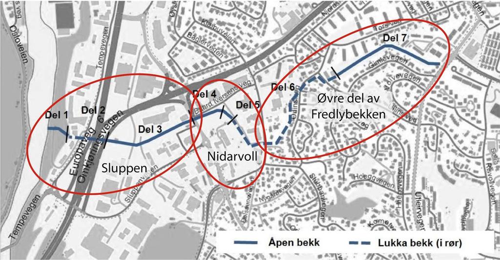 Pågående planarbeid som omfatter Fredlybekken Fastsettelsen av løsning for overvann og spillvann mellom Utleirvegen og Nidelva skjer gjennom disse tre planarbeidene: 1.