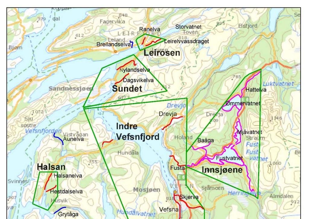 2. Områdebeskrivelse Vefsna ligger i Nordland fylke og renner ut i sjøen innerst i Vefsnfjorden (66 N, 13 Ø, Figur 1).