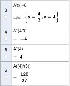 b) Bruk CAS til å bestemme x slik at arealet til rektangelet blir 4. Den siste løysinga er utanfor definisjonsområdet.