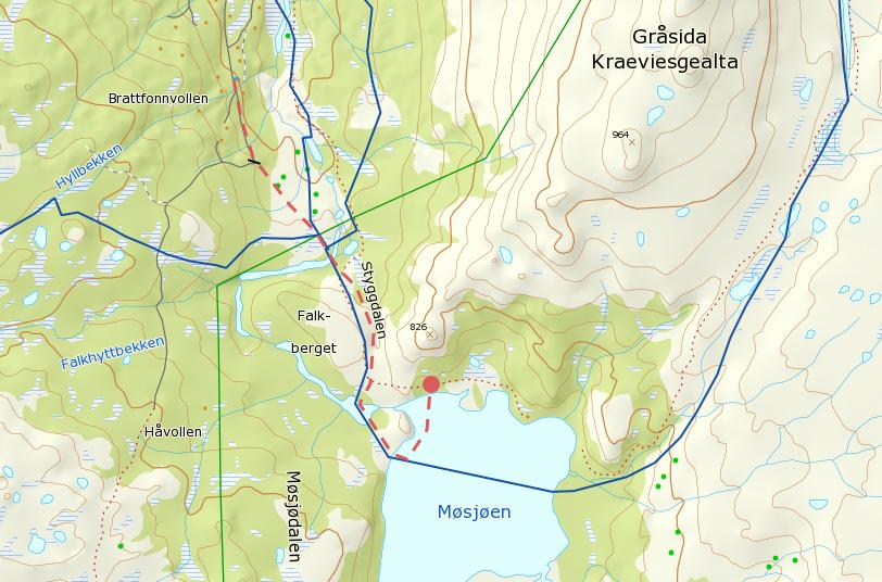 Kartutsnittet viser aktuell kjøretrase i rød stiplet strek fram til hytte ved Møsjøen (rødt punkt). Blå strek er godkjente skiløyper i området.