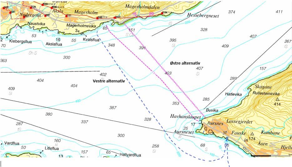 En 2,7 km lang 22 kv sjøkabel fra Haugneset til Aursnes Figur 4-4: Trasè 22 kv sjøkabel fra Haugneset til Aursnes Den endelige kabeltraseen vil bli bestemt etter en