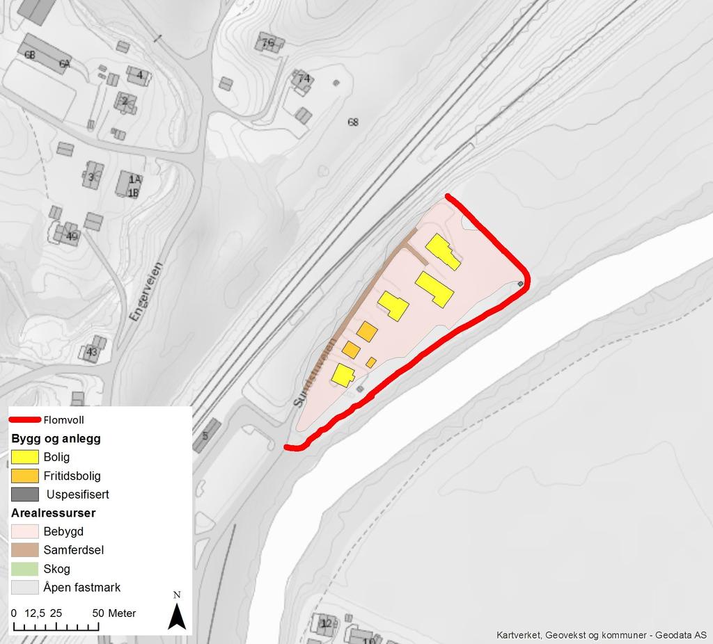 Leirsund stasjon flomverk (VV 8228), Skedsmo kommune Faktadel Figur 5: Analyseområdet for samfunnsverdier ved Leirsund stasjon med arealbruk og bygningsformål.