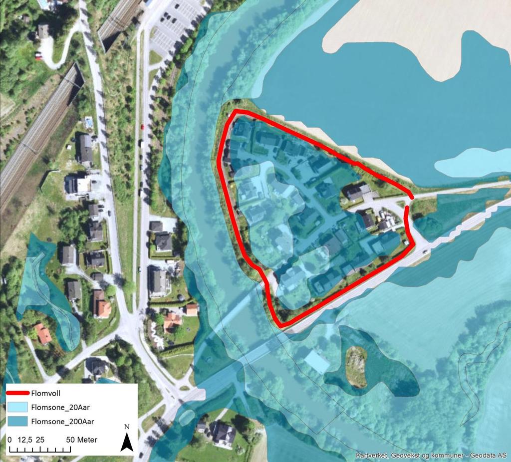 Leirsund flomverk (VV8034, 9010), Skedsmo kommune Faktadel 2.5 Hva sikres av flomverket? Flomvollen ved Leirsund vises i kartet i Figur 3.