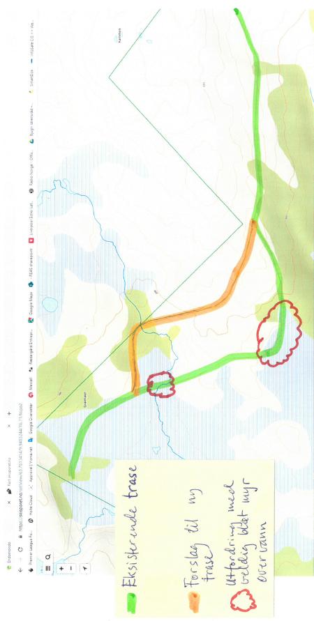 Side: 3/5 Kart vedlagt søknaden som viser eksisterende og ny trasé for skiløype.