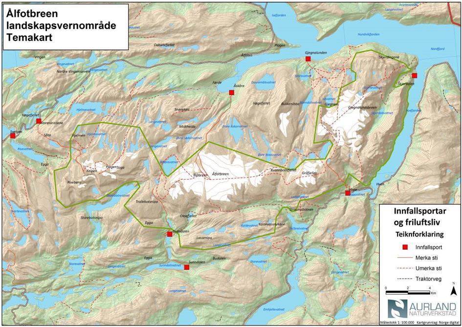 2.4.1 Innfallsportar I forvaltningsplanen for Ålfotbreen landskapsvernområde er dei viktigaste innfallsportane til landskapsvernområdet lista opp: Innfallsport Kommune Tilrettelegging Merknad