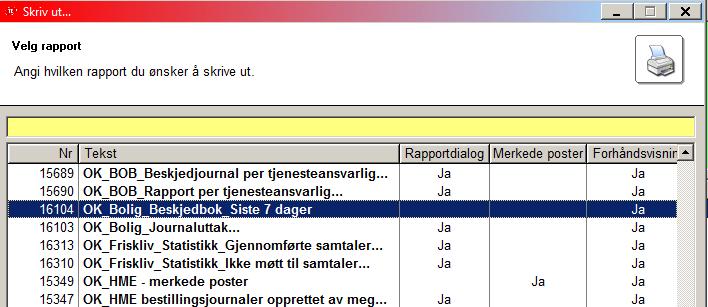 Denne rapporten kan også brukes til å få ut spesifikke journaler i en periode, for eksempel 136: OL_Fagjournal Beskjedbok Siste 7 dager Rapporten finner følgende journaler skrevet