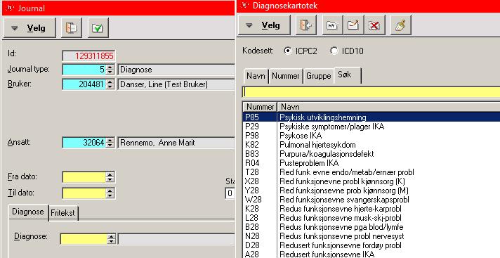 Diagnoser Diagnoser skal være registrert på bruker. For å se om det er registrert inn relevante diagnoser klikk på fanen.