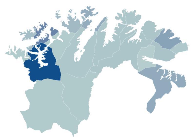 KOMMUNEFORDELT EKSPORT I FINNMARK Figur 6: Total eksport i Finnmark i 2017 fordelt på kommuner. Kilde: SSB og Menon Economics Figur 7: Eksport per sysselsatt i Finnmark i 2017 fordelt på kommuner.