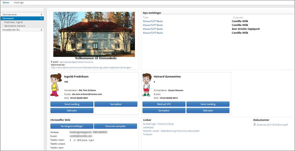 Nedenfor vises innlogging til Visma Flyt Skole med MinID Startsiden for Hjemmeweb Når foresatte er logget inn kommer de først til startsiden for Hjemmeweb.