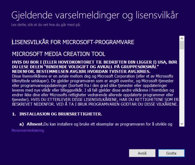 - Når programmet er startet opp så vil lisensvilkårene vises, les igjennom og