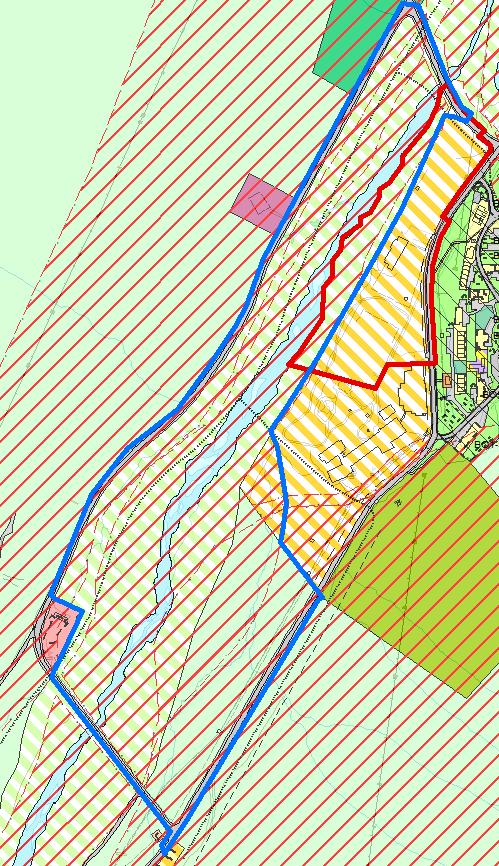 Figur 3: Varslet planområde for delplan D52 med rød linje. Mulig avgrensning av delplan for mellomlagring av masser vist med blå linje.