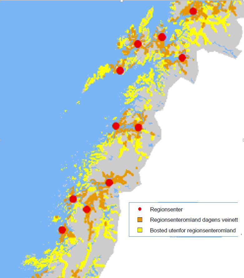 Figur 20. Regionsenter. Regionsenteromland med dagens veinett. Bosted utenfor regionsenteromland. Kilde: TØI, Statens vegvesen.