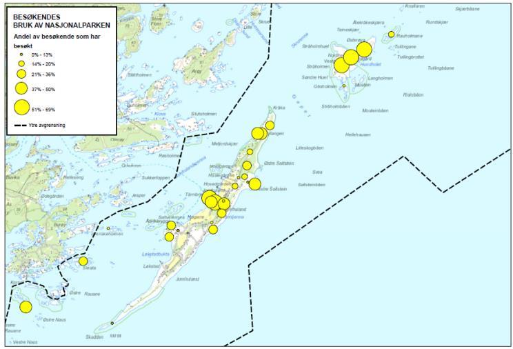 Aktiviteter Samme undersøkelse viser at turgåing og vandring, bading og soling, samt avkopling og rekreasjon er de vanligste aktivitetene for besøkende. Geografisk fordeling av bruk besøkende.