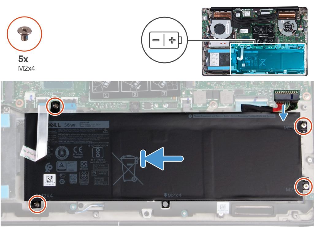 1 Sett batteriet på håndleddstøtten og tastaturenheten, og juster skruehullene på batteriet etter skruehullene på håndleddstøtten og tastaturenheten.