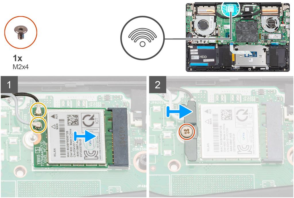 1 Juster hakket på WLAN-kortet etter tappen på WLAN-kortsporet, og sett WLAN-kortet i vinkel inn i WLAN-kortsporet. 2 Koble antennekablene til WLAN-kortet.