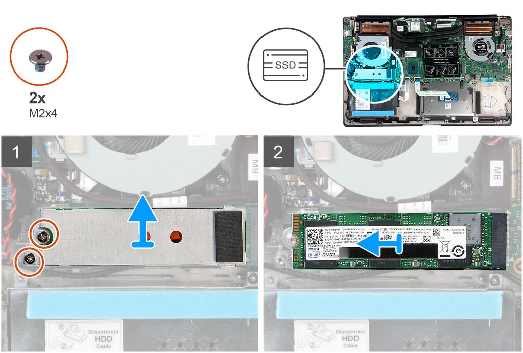 1 Fjern (M2x4)-skruene som fester SSD-diskmodulvernet til håndleddstøtten og tastaturenheten. 2 Skyv og ta ut SSD-diskmodulvernet fra SSD-disksporet.