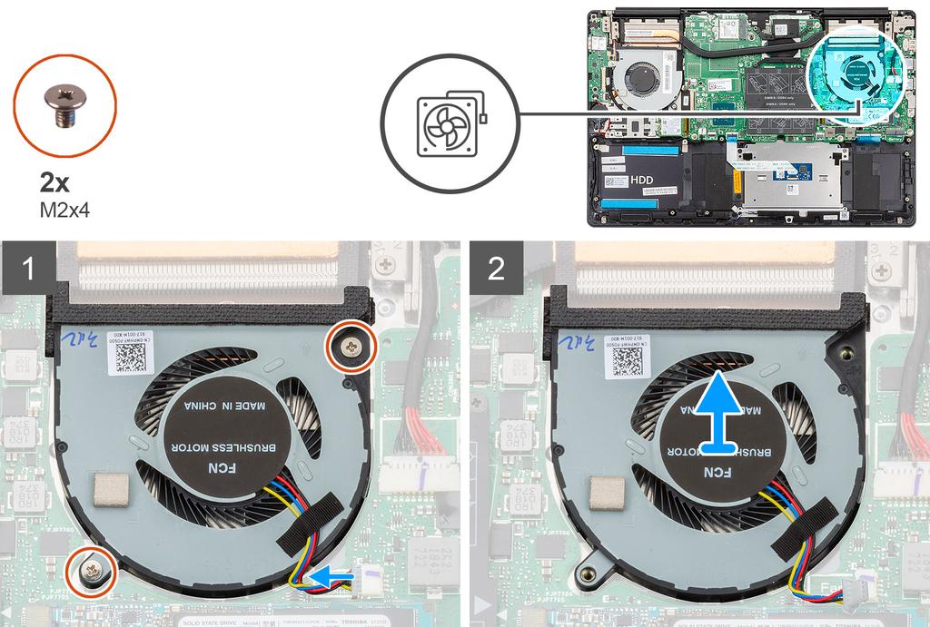 1 Fjern (M2x4)-skruene som fester CPU-viften til håndleddstøtten og tastaturenheten. 2 Koble CPU-viftekabelen fra hovedkortet. 3 Skyv og løft CPU-viften fra håndleddstøtten og tastaturenheten.