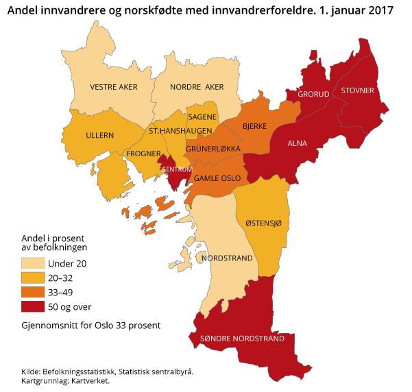 26 000). Samtlige av Oslos 15 bydeler (Marka og Sentrum er ikke inkludert) ligger over landsgjennomsnittet på 16,8 prosent i andel med innvandrerbakgrunn.