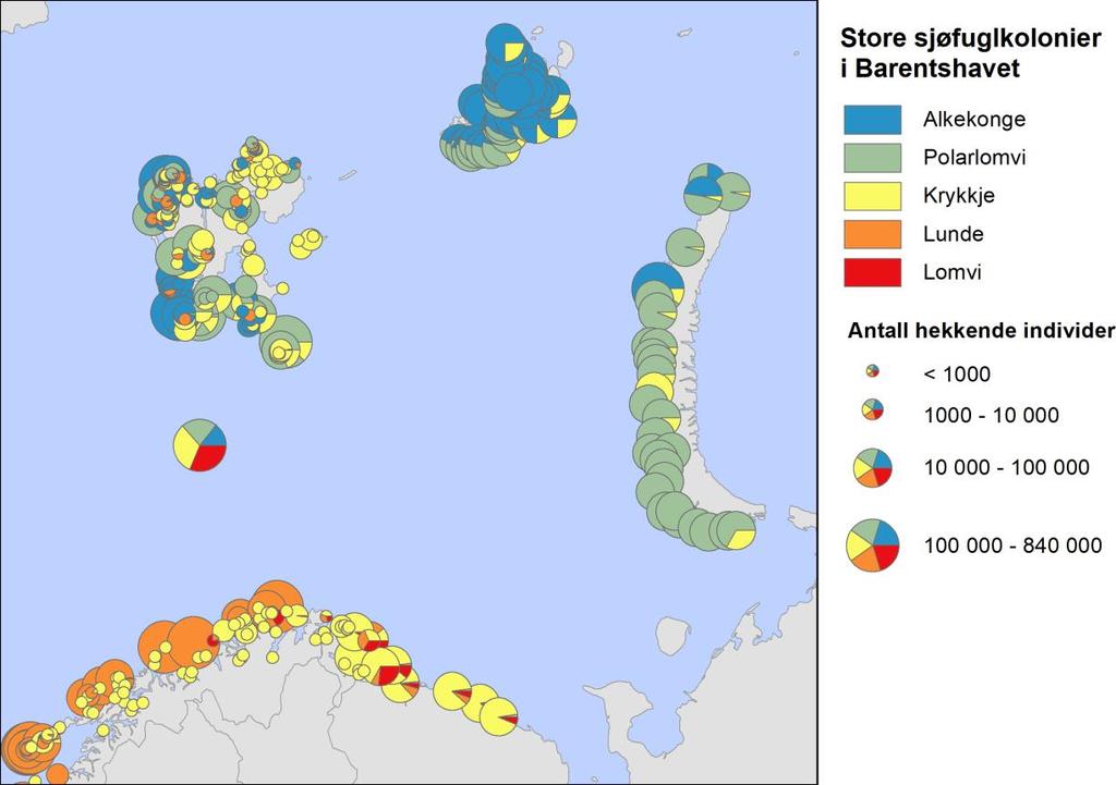 Figur 1. Fordeling, størrelse og sammensetning av sjøfuglkolonier i Barentshavet. Data er hentet fra SEAPOP (www.seapop.no), Fauchald m.fl.