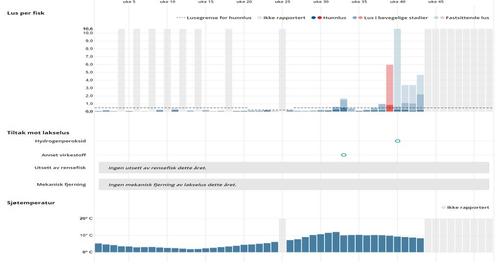 Denne fisken var ferdig utslaktet i løpet av november 2018 Lusetall Figurene viser lusetall, behandlinger og temperatur på lokaliteten