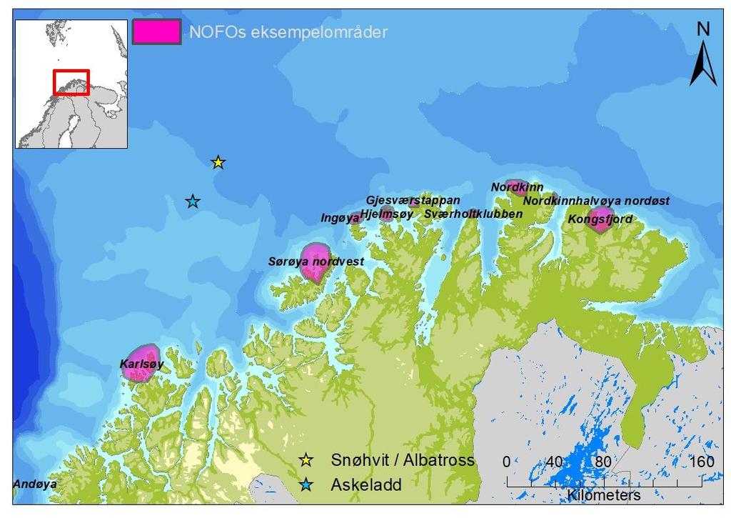 Figur 2-3 Lokasjon av eksempelområdene langs kysten av Finnmark.