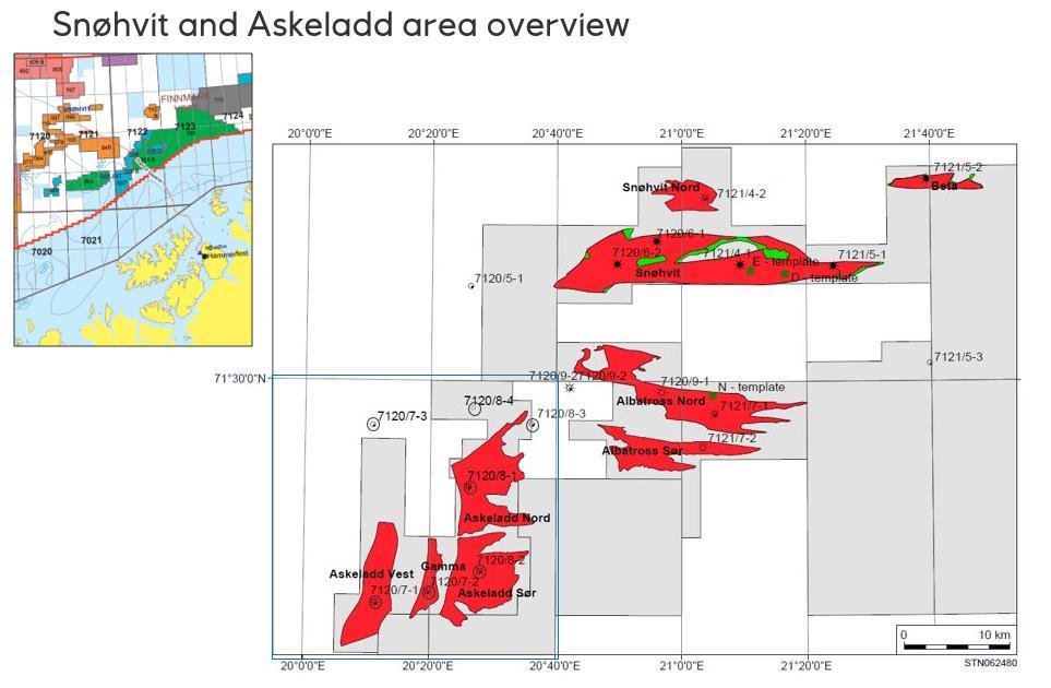 Figure 1: Snøhvit and Askeladd area overview, including Albatross The properties used for flow rates calculations is shown in Table 1 and Table 2.